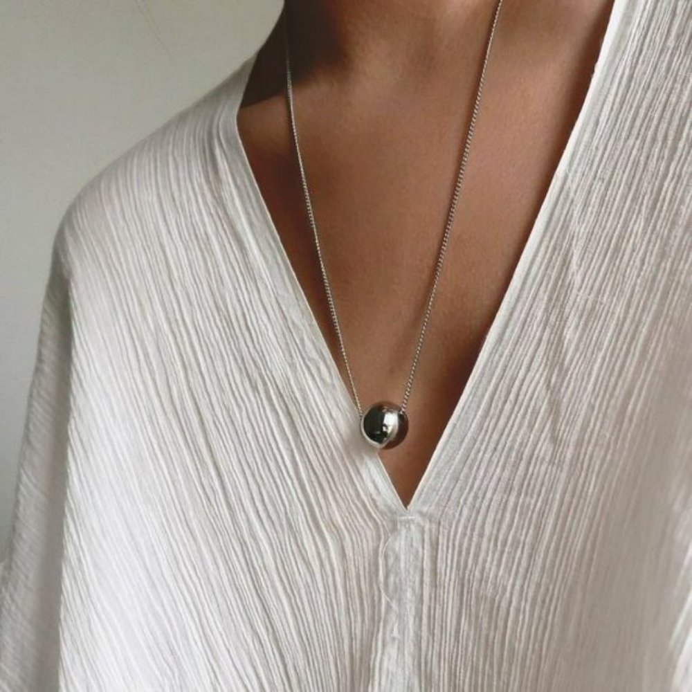 Real Sterling Silver Floating Ball Pendant Necklace Stamped 925, Curb Chain